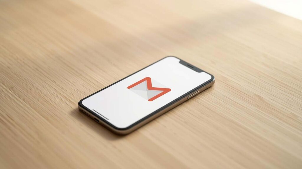 Bild på en telefon på ett bord, med e-post ikon på skärmen